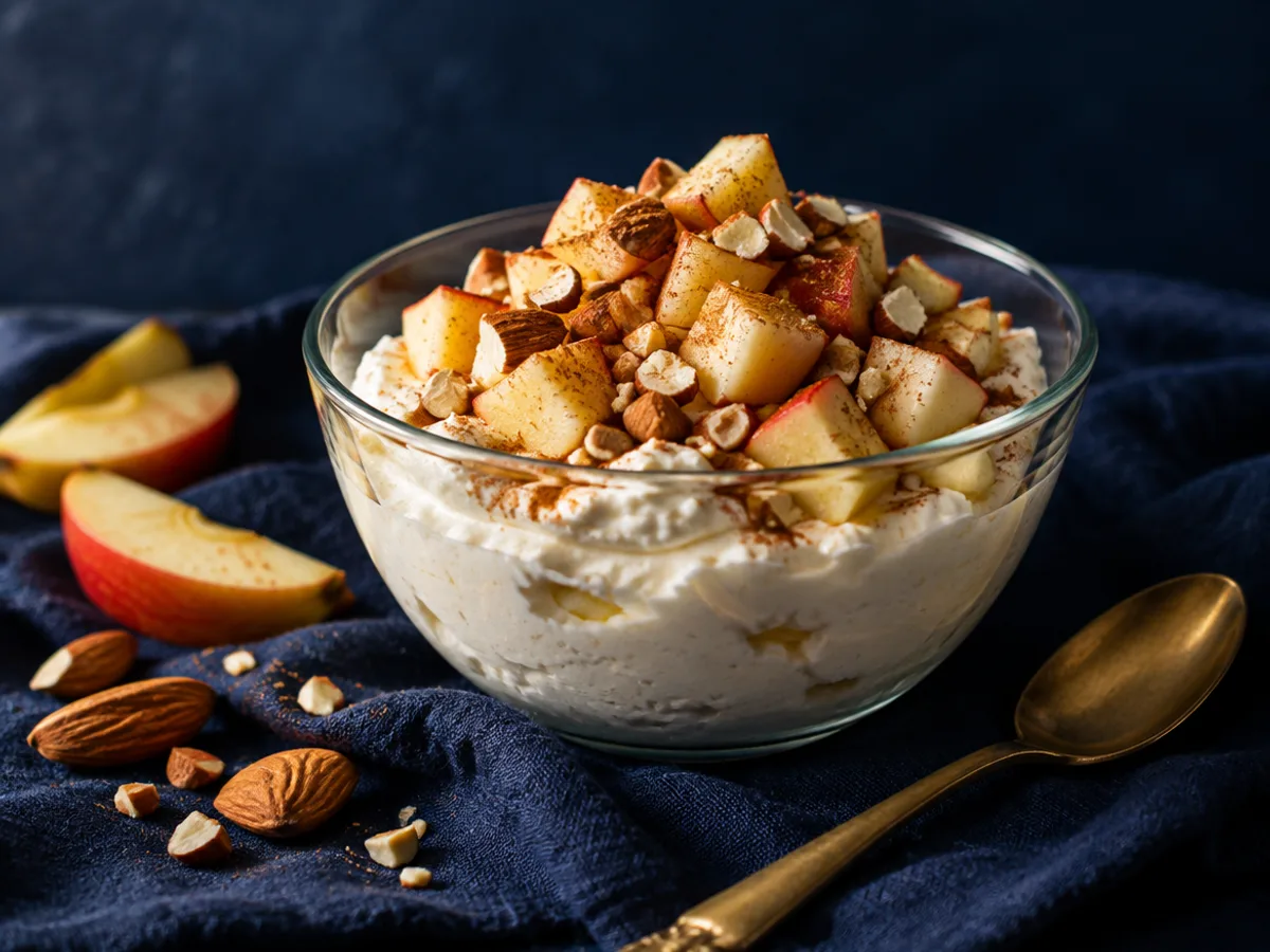 Magerquark mit Apfelwürfeln, Zimt und gehackten Mandeln in einer Glasschale