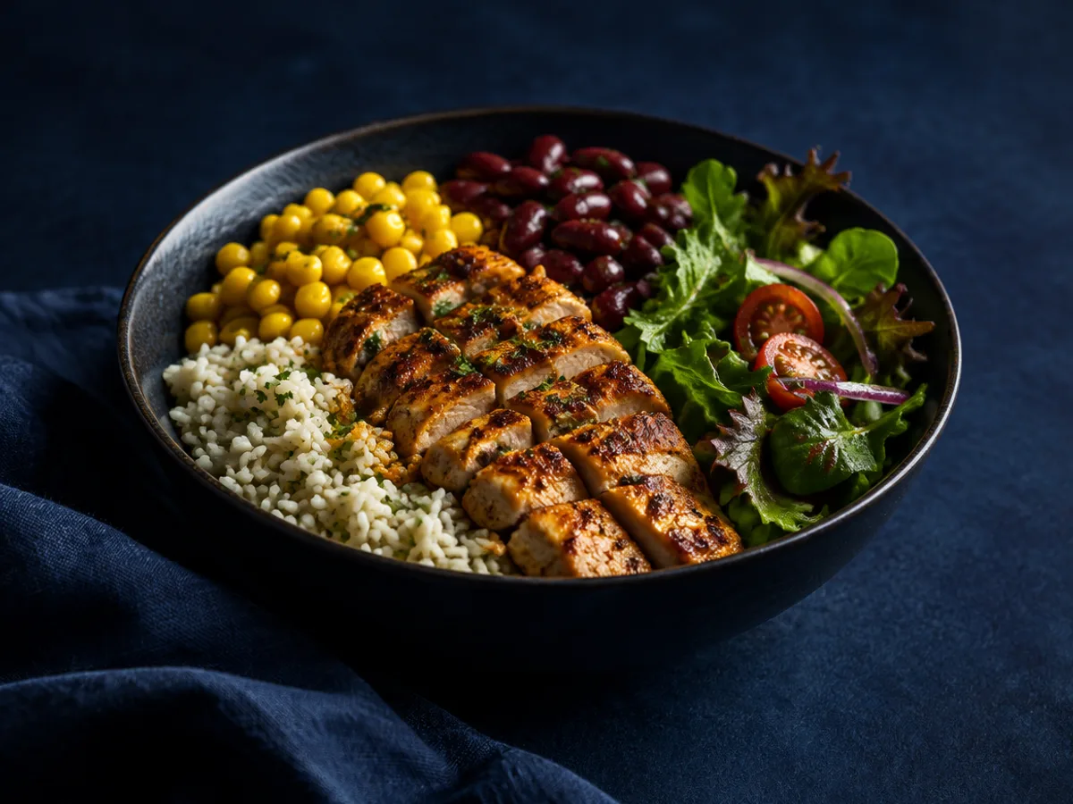 Hähnchen-Bowl, angerichtet und fotografiert