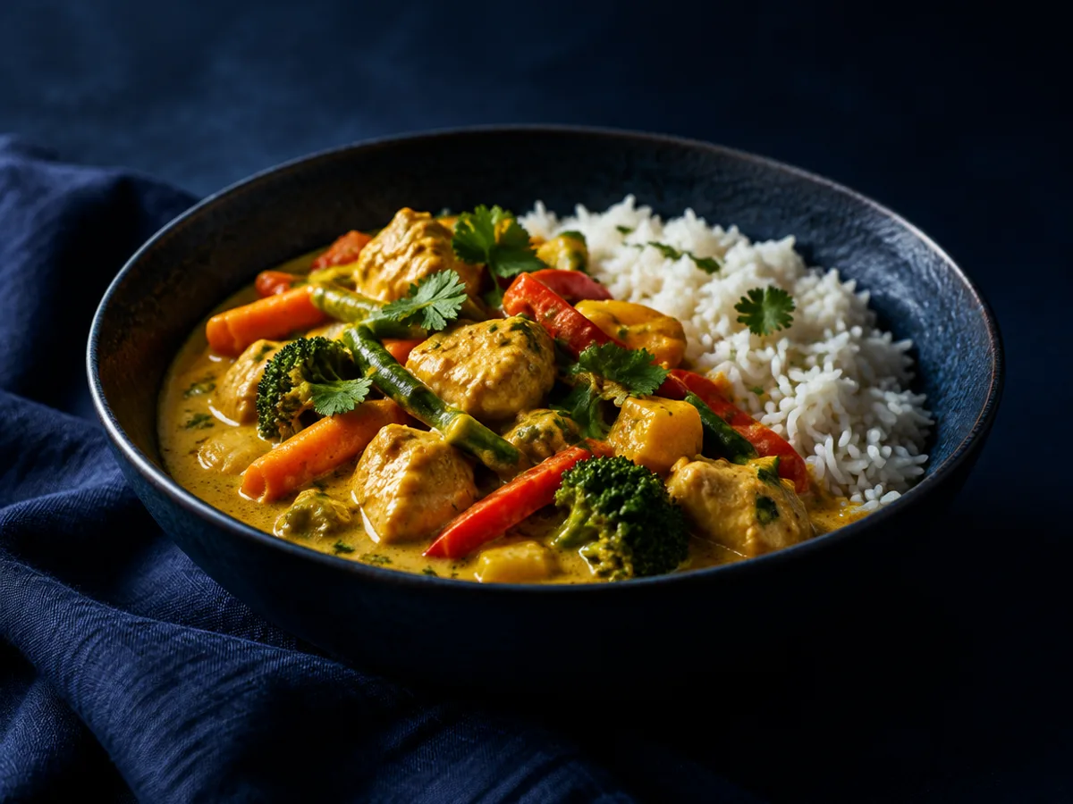 Hähnchen-Curry, angerichtet und fotografiert