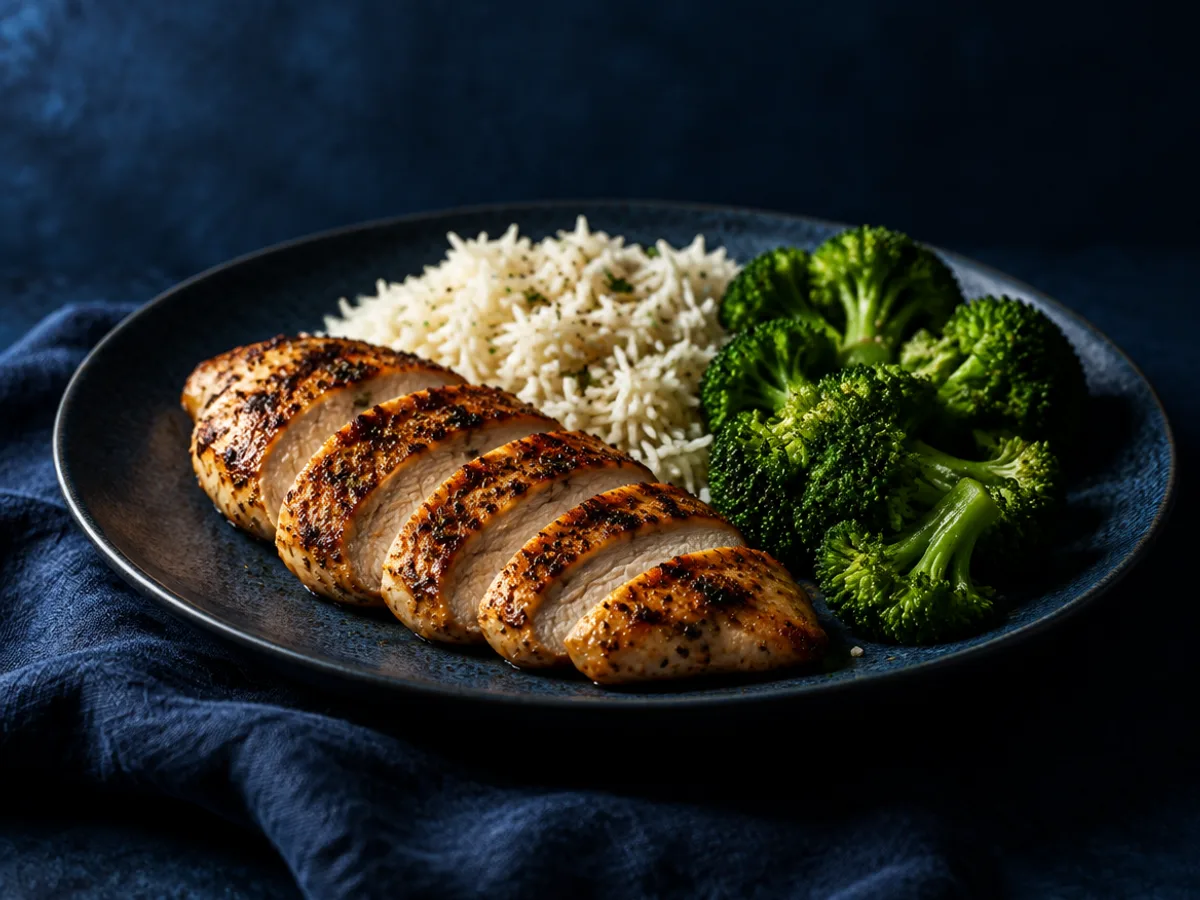 Hähnchen, Reis, Brokkoli, angerichtet und fotografiert