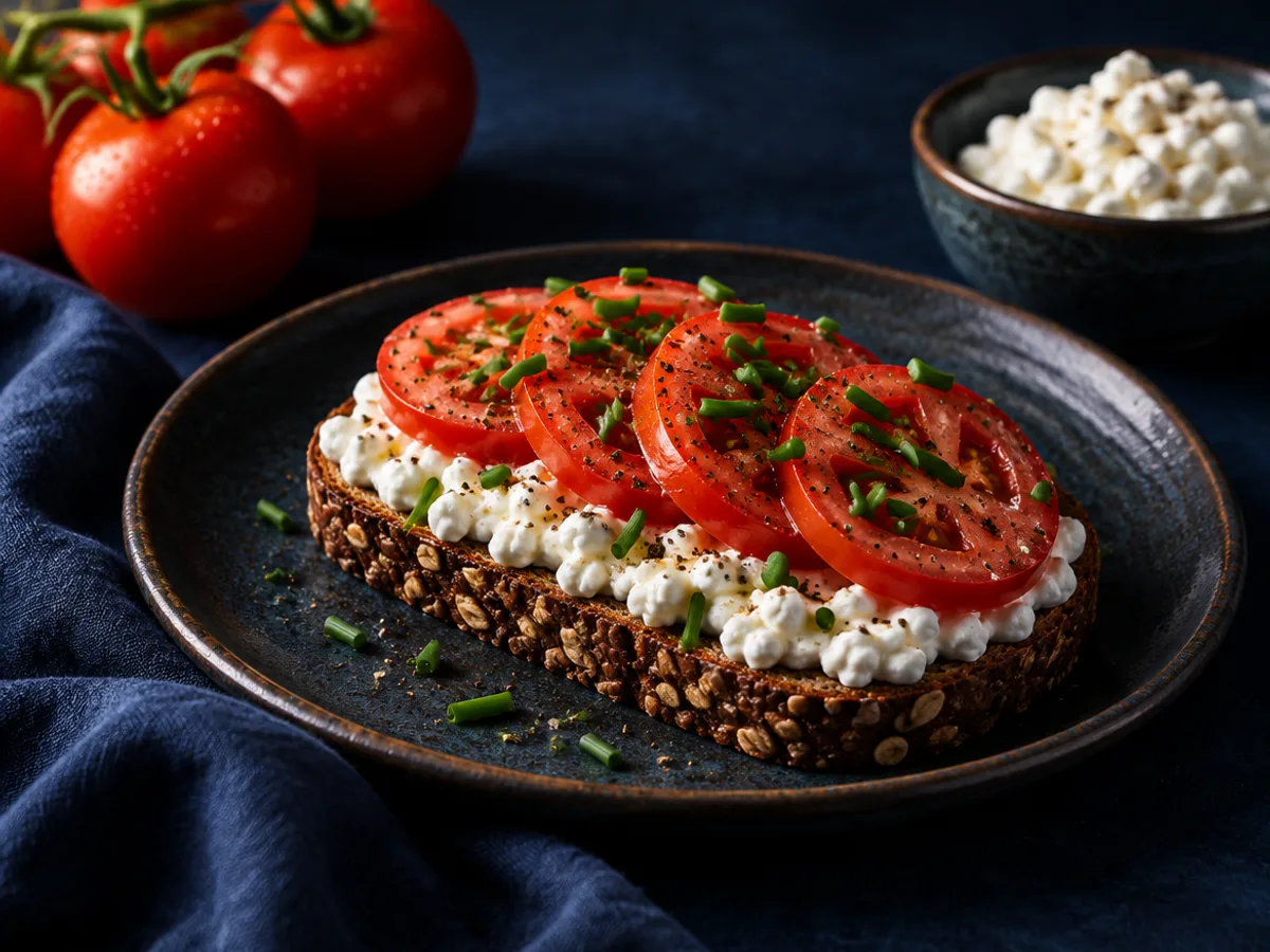 Scheibe Eiweißbrot mit körnigem Frischkäse, Tomatenscheiben und Schnittlauch