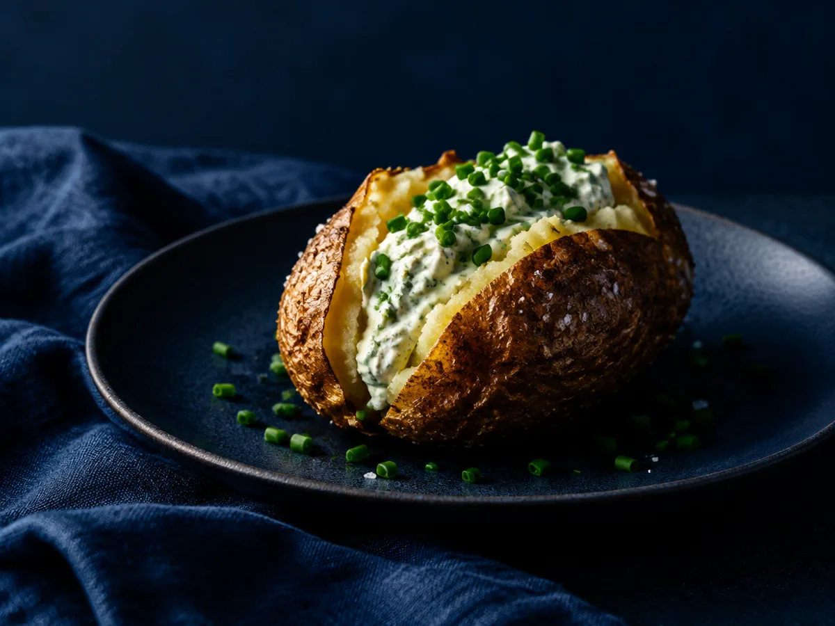 Ofenkartoffel mit Quark, angerichtet und fotografiert