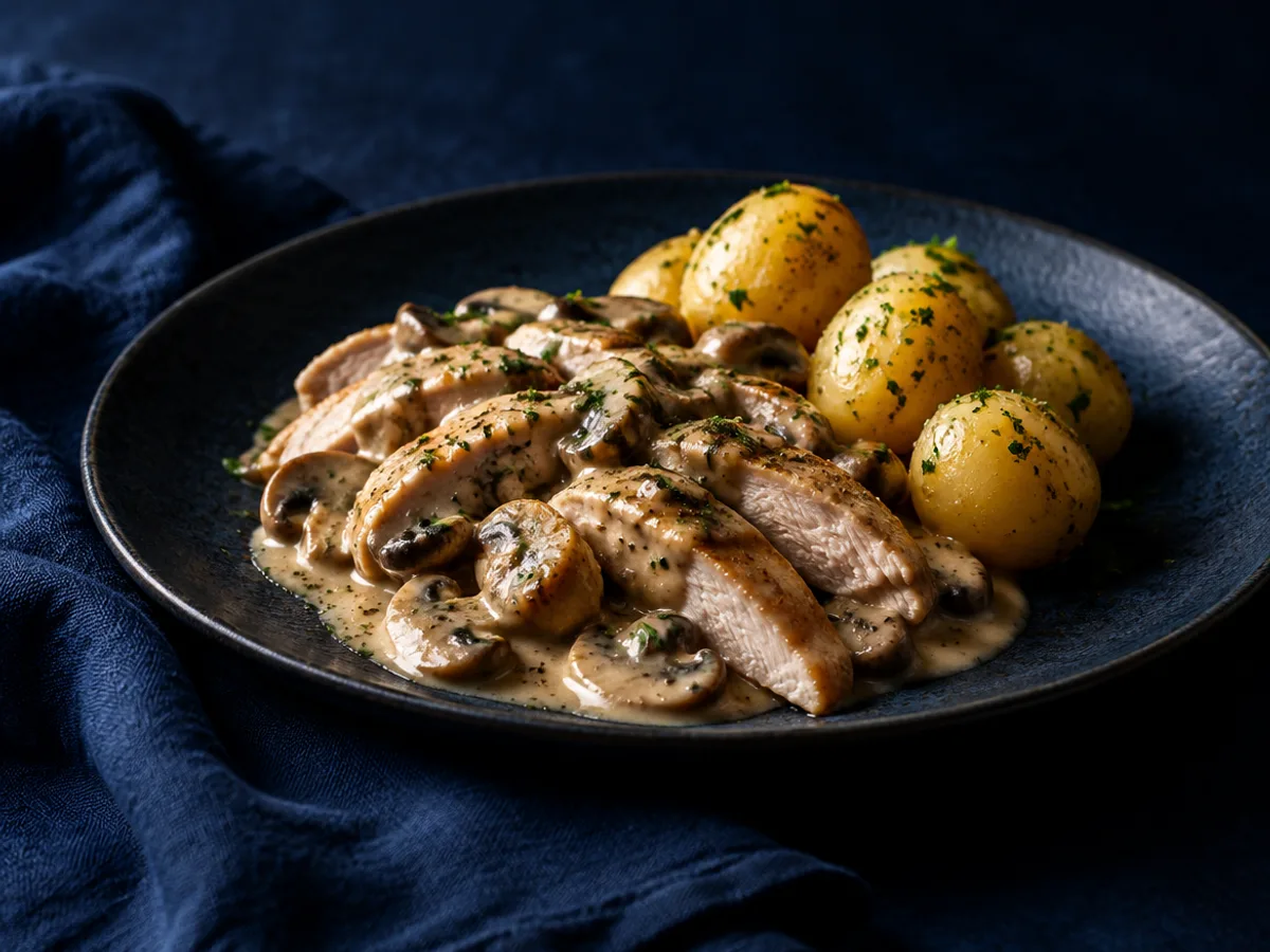 Putengeschnetzeltes mit Kartoffel, angerichtet und fotografiert