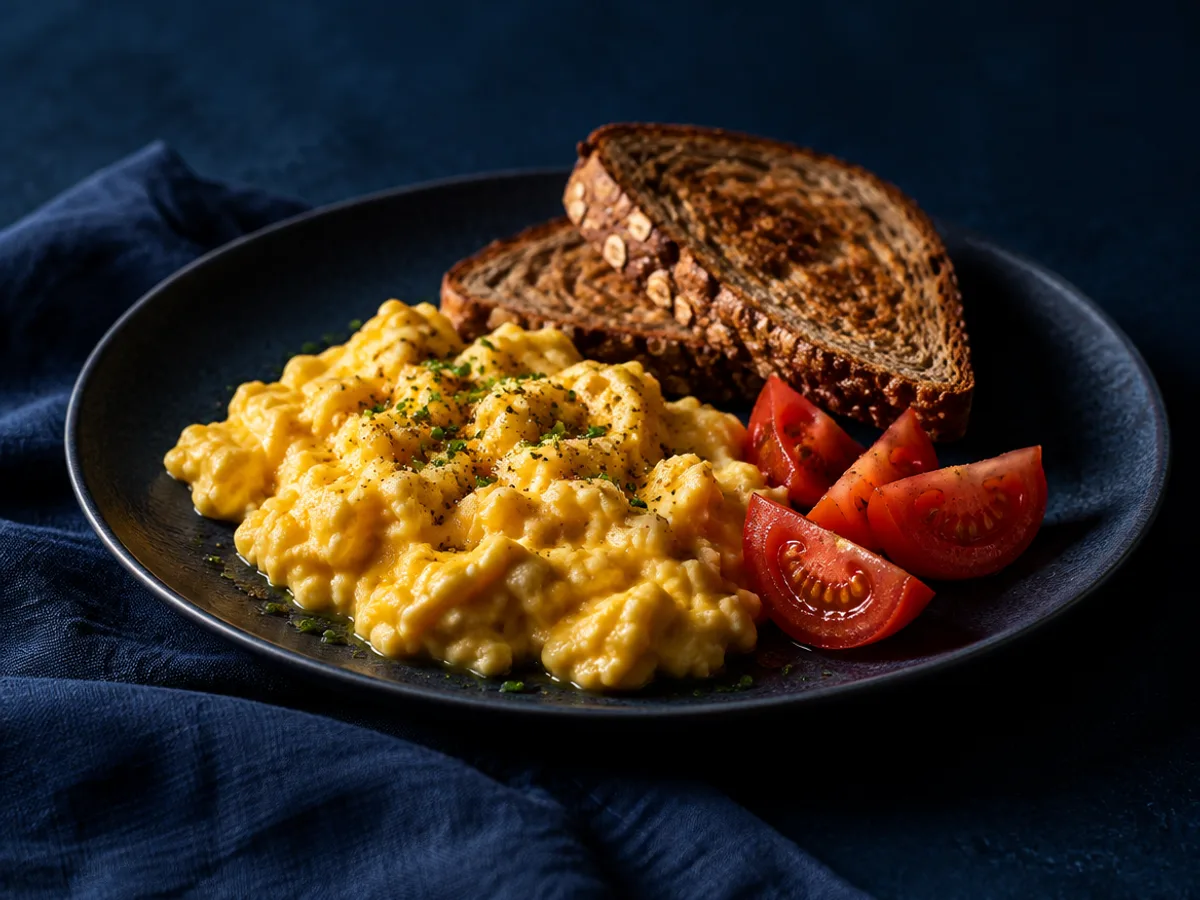 Rührei mit Vollkorntoast, angerichtet und fotografiert