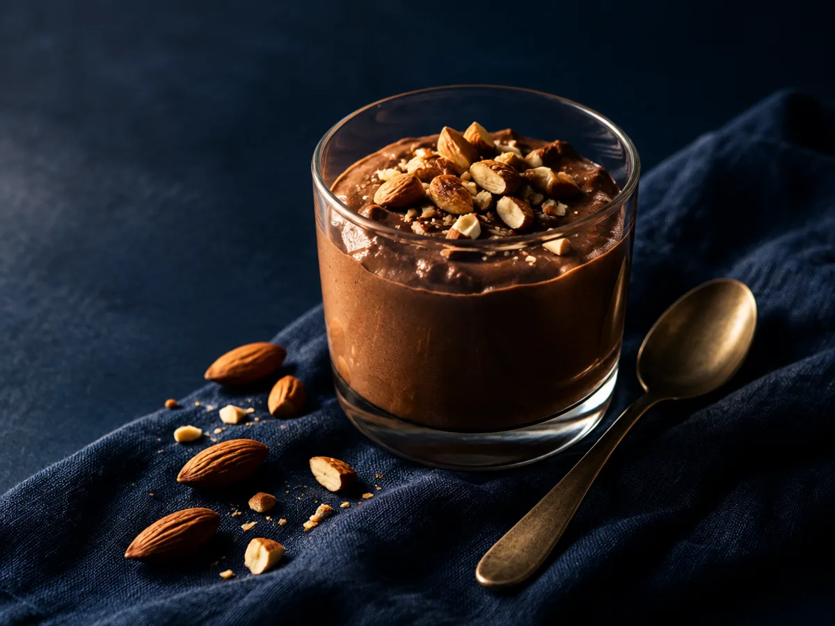 Schoko-Skyr-Pudding im Glas mit gehackten Mandeln