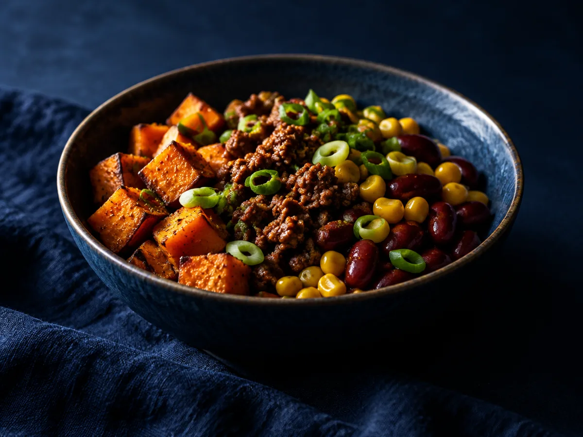 Süßkartoffel-Hack-Bowl, angerichtet und fotografiert