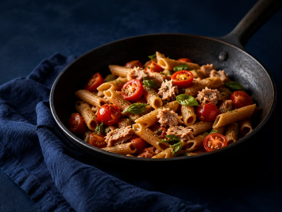 Tuna-Nudelpfanne, angerichtet und fotografiert